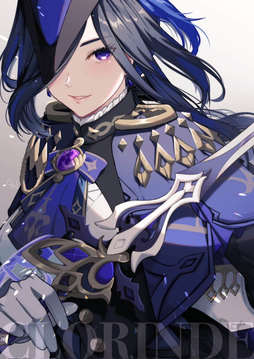 1girl, absolution_(genshin_impact), ascot, blue_ascot, blue_capelet, blue_hair, capelet, clorinde_(genshin_impact)