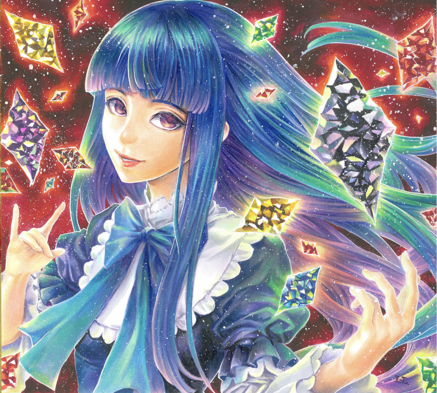 1girl, absurdres, blue_bow, blue_dress, blue_hair, blunt_bangs, bow, dress