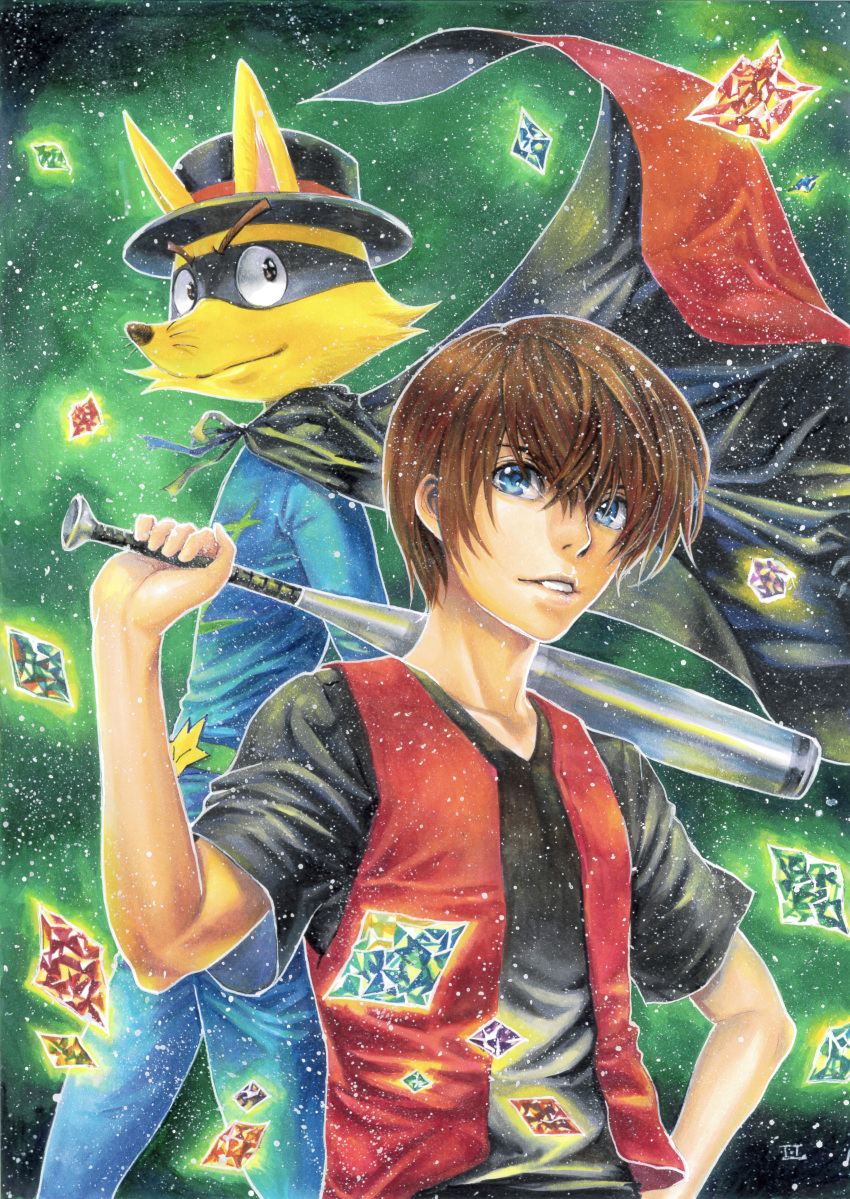 2boys, absurdres, back-to-back, baseball_bat, black_shirt, blue_eyes, brown_hair, cape