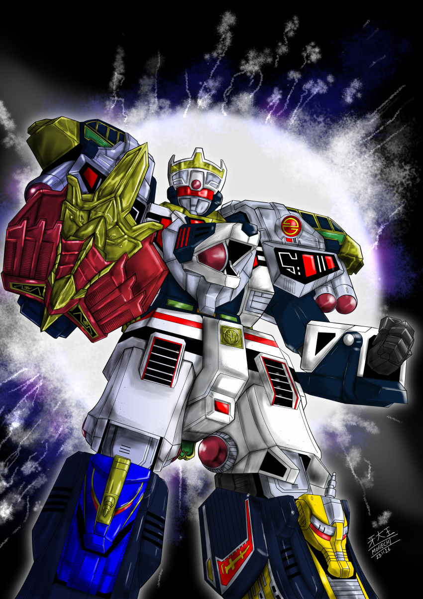 absurdres, arm_blade, clenched_hand, clenched_hands, gosei_sentai_dairanger, highres, kibadaioh, lion, mecha, mecha_focus, no_humans, red_visor, robot, scottmohechi, solo, standing, super_robot, super_sentai, tokusatsu, weapon