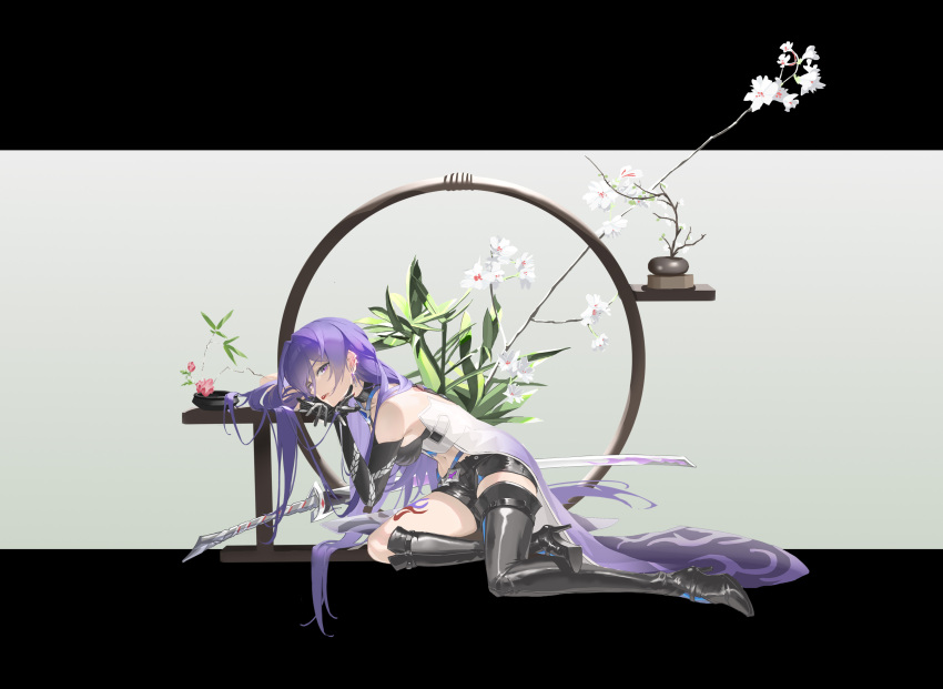 1girl, absurdres, acheron_(honkai:_star_rail), asymmetrical_footwear, black_choker, black_gloves, black_shorts, boots