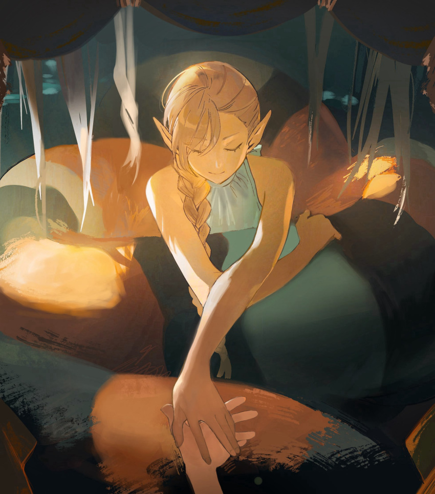 1boy, 1girl, bare_arms, bare_shoulders, blonde_hair, braid, braided_ponytail, braided_ponytail_lamia_(dungeon_meshi), chinese_commentary, closed_eyes, dungeon_meshi, elf, hair_over_shoulder, halterneck, hand_grab, highres, lamia, long_hair, mithrun, monster_girl, out_of_frame, pointy_ears, single_braid, sleeveless, smile, tail, tail_wrap, y088022217