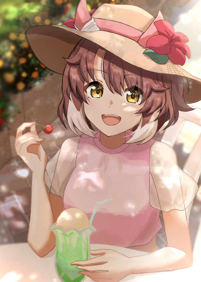 1girl, :d, animal_ears, breasts, brown_hair, cherry, dantsu_flame_(umamusume), ear_covers