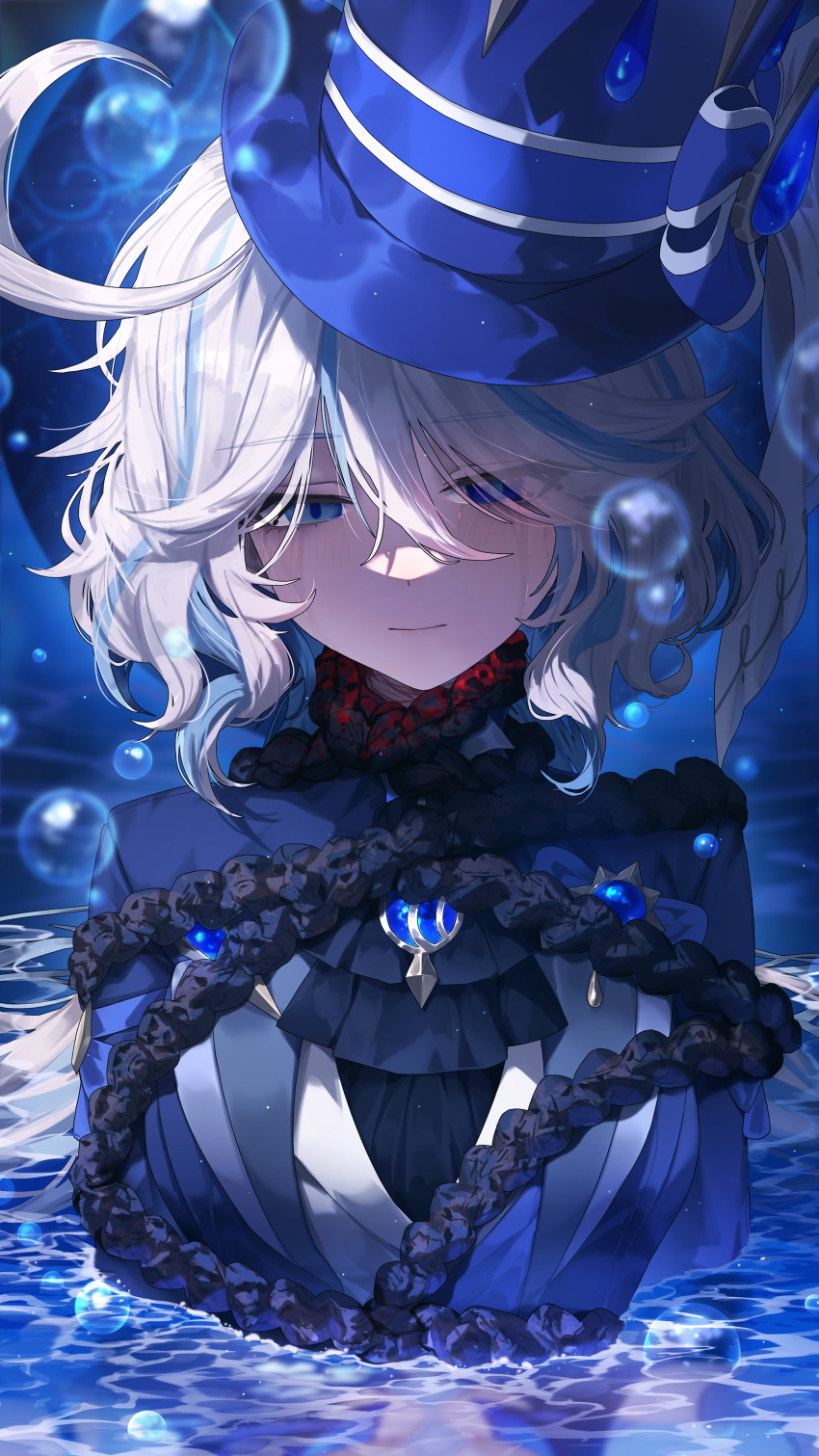 1girl, absurdres, ahoge, angst, ascot, black_ascot, blue_coat, blue_eyes