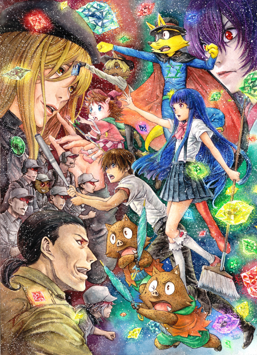 4girls, 6+boys, absurdres, amakusa_juuza, angry, ascot, belt, beret