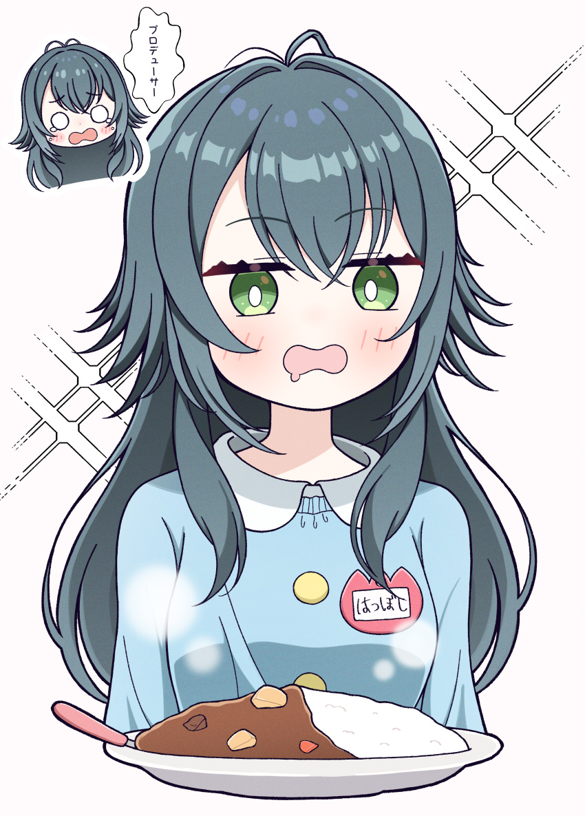 1girl, absurdres, antenna_hair, blue_shirt, blush, bright_pupils, chibi, chibi_inset, commentary_request, cropped_torso, crying, crying_with_eyes_open, curry, curry_rice, drooling, food, gakuen_idolmaster, green_eyes, green_hair, hair_flaps, highres, idolmaster, kindergarten_uniform, long_hair, looking_at_food, mouth_drool, name_tag, o_o, poryuyee, rice, shirt, smock, steam, tears, translation_request, tsukimura_temari, upper_body, very_long_hair, white_pupils