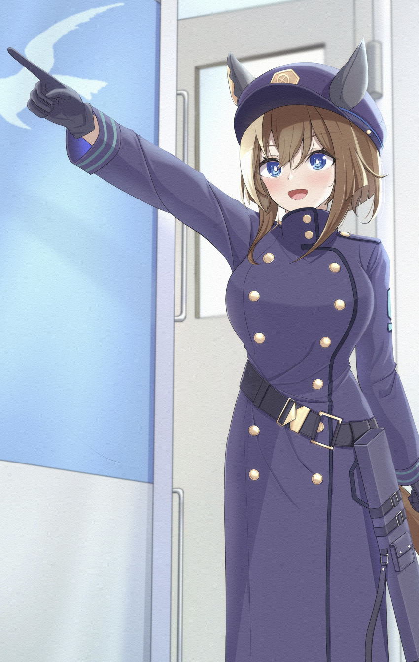 1girl, absurdres, animal_ears, arm_up, belt, black_belt, black_gloves, blue_archive, blue_coat, blue_eyes, blue_hat, bob_cut, bright_pupils, brown_hair, buttons, cheval_grand_(umamusume), coat, commentary, cosplay, double-breasted, ear_covers, gloves, greatcoat, hair_between_eyes, hat, highres, holster, horse_ears, horse_girl, inverted_bob, light_brown_hair, long_sleeves, open_mouth, peaked_cap, pointing, shia0016, short_hair, sidelocks, solo, suou_(blue_archive), suou_(blue_archive)_(cosplay), tail, train_conductor, umamusume, uniform