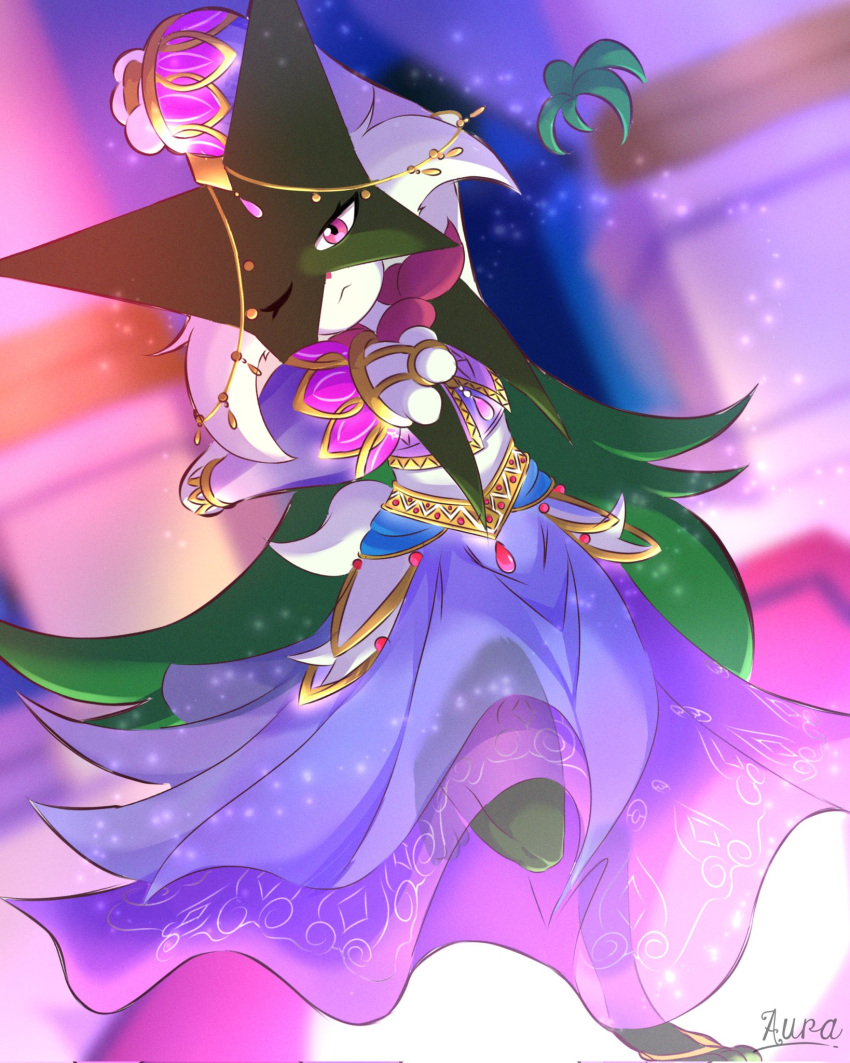 artist_name, aura_chanuwu, blurry, blurry_background, cape, closed_mouth, clothed_pokemon, dancing