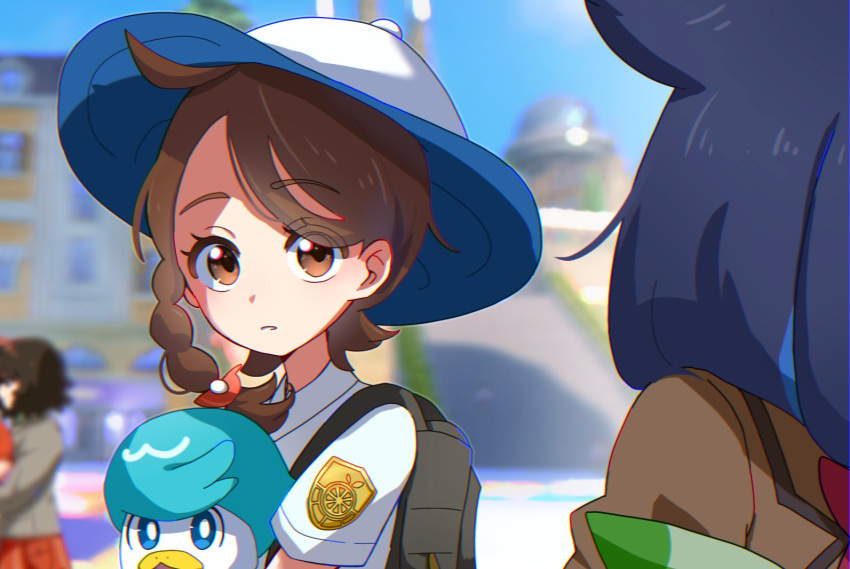 anna_(pokemon), backpack, bag, bird, black_hair, blazer, braid, brown_eyes