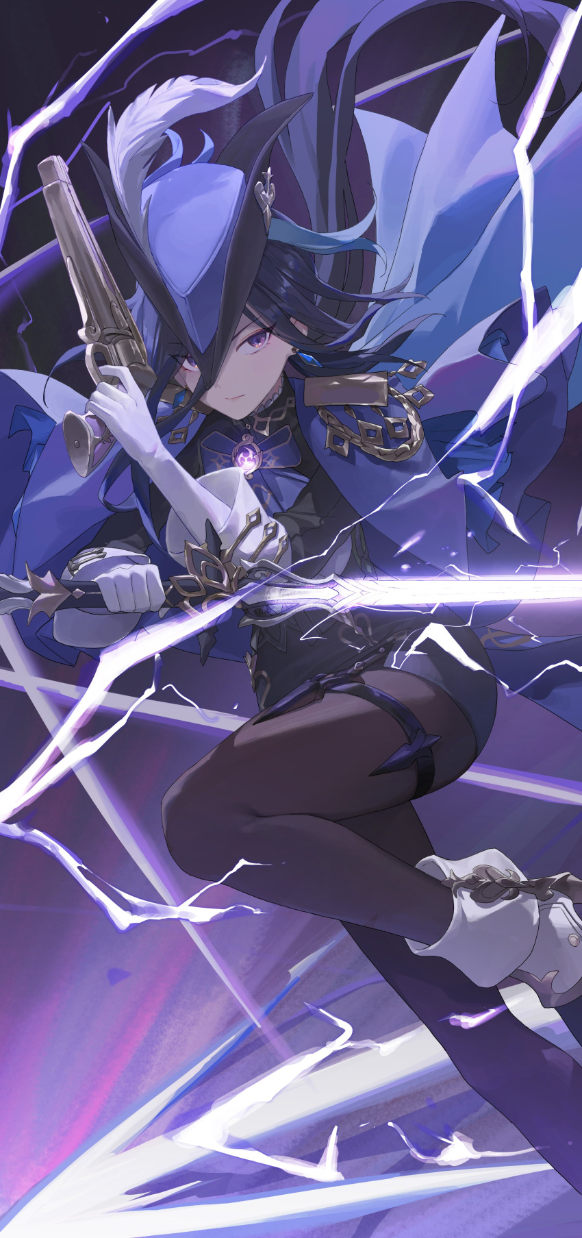 1girl, absolution_(genshin_impact), absurdres, ascot, black_pantyhose, black_skirt, blue_ascot, blue_cape