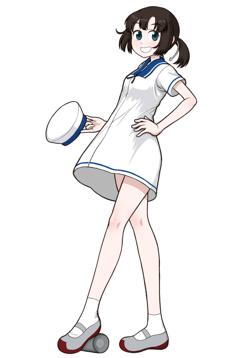 1girl, aged_up, black_hair, blue_sailor_collar, bob_cut, daitou_(kancolle), dress, full_body