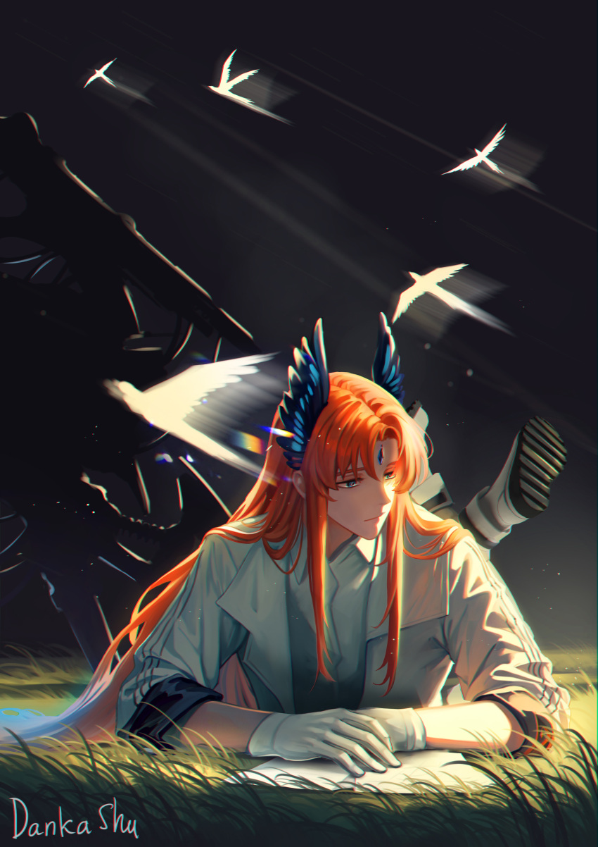 absurdres, arknights, bird, bird_boy, blue_eyes, closed_mouth, coat, dankashu
