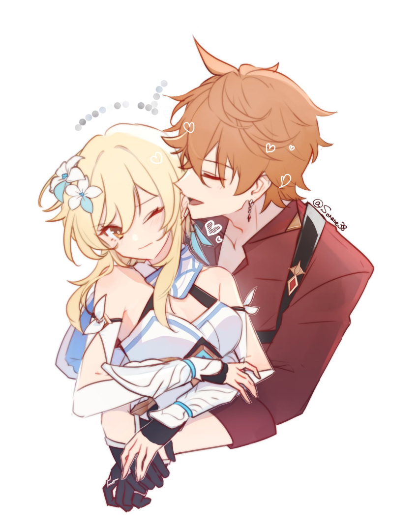 1boy, 1girl, black_gloves, blonde_hair, closed_eyes, couple, dress, flower