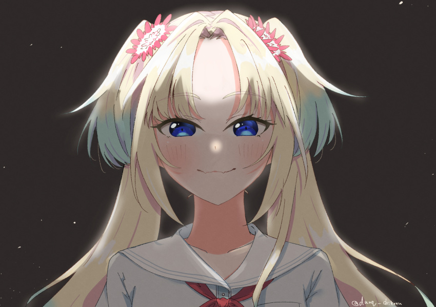 1girl, :3, aqua_hair, black_background, blonde_hair, blue_eyes, blush, chikoru, closed_mouth, commentary, dress, fangs, fangs_out, flower, gradient_hair, hair_flower, hair_ornament, hasu_no_sora_school_uniform, highres, link!_like!_love_live!, long_hair, looking_at_viewer, love_live!, multicolored_hair, neckerchief, osawa_rurino, parted_bangs, pink_flower, portrait, red_neckerchief, sailor_collar, sailor_dress, school_uniform, skin_fangs, solo, straight-on, summer_uniform, twintails, twitter_username, virtual_youtuber, white_dress, white_sailor_collar