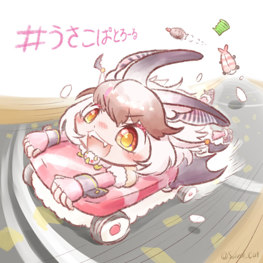 1girl, animal_ears, bat_ears, bat_girl, bat_wings, brown_eyes, brown_hair, brown_long-eared_bat_(kemono_friends), elbow_gloves, extra_ears, food, gloves, grey_hair, highres, kemono_friends, kemono_friends_v_project, long_hair, microphone, pantyhose, saival_cat, shoes, solo, sushi, virtual_youtuber, wings