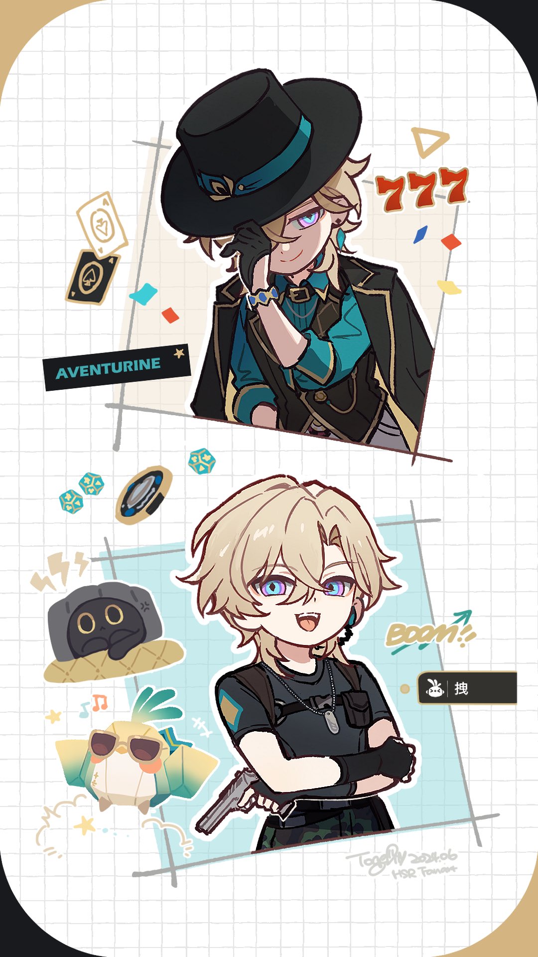 1boy, alternate_costume, aventurine_(honkai:_star_rail), black_gloves, blonde_hair, cowboy_shot, gloves, gun