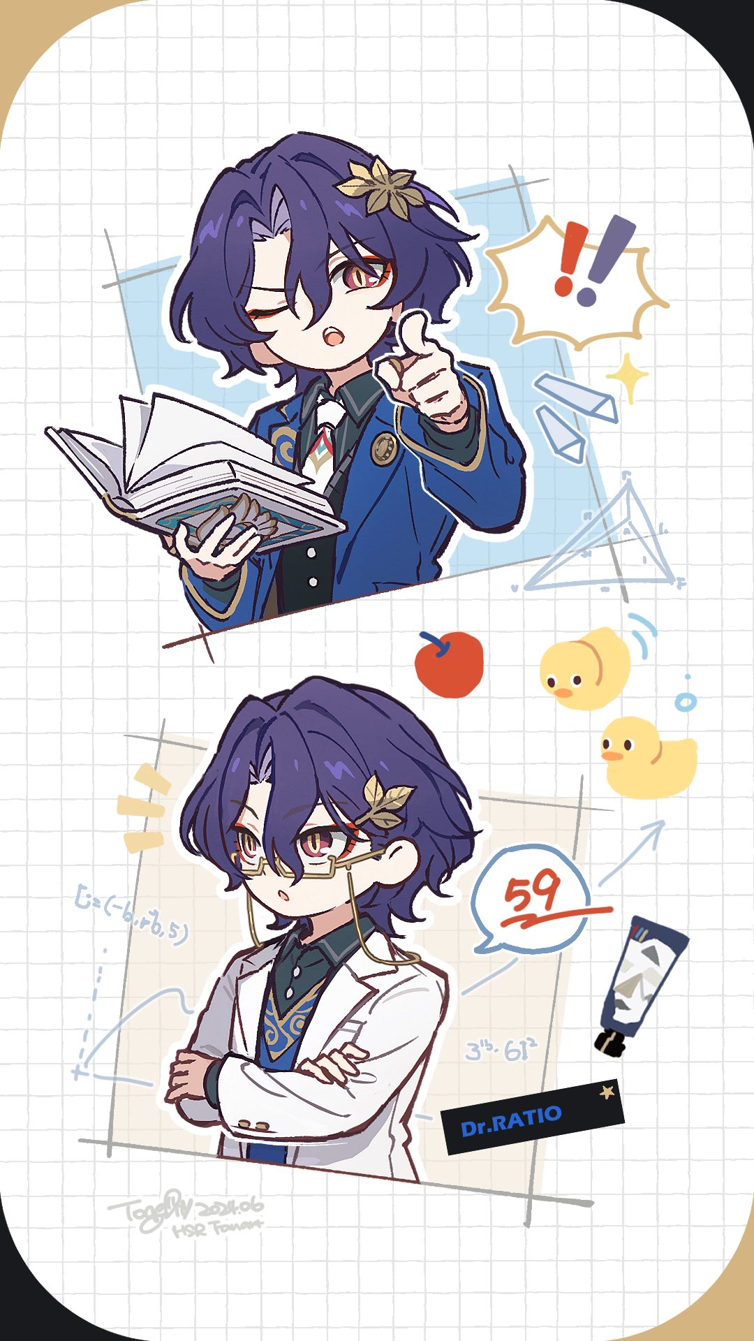 !, !!, 1boy, apple, book, coat, dr._ratio_(honkai:_star_rail), food
