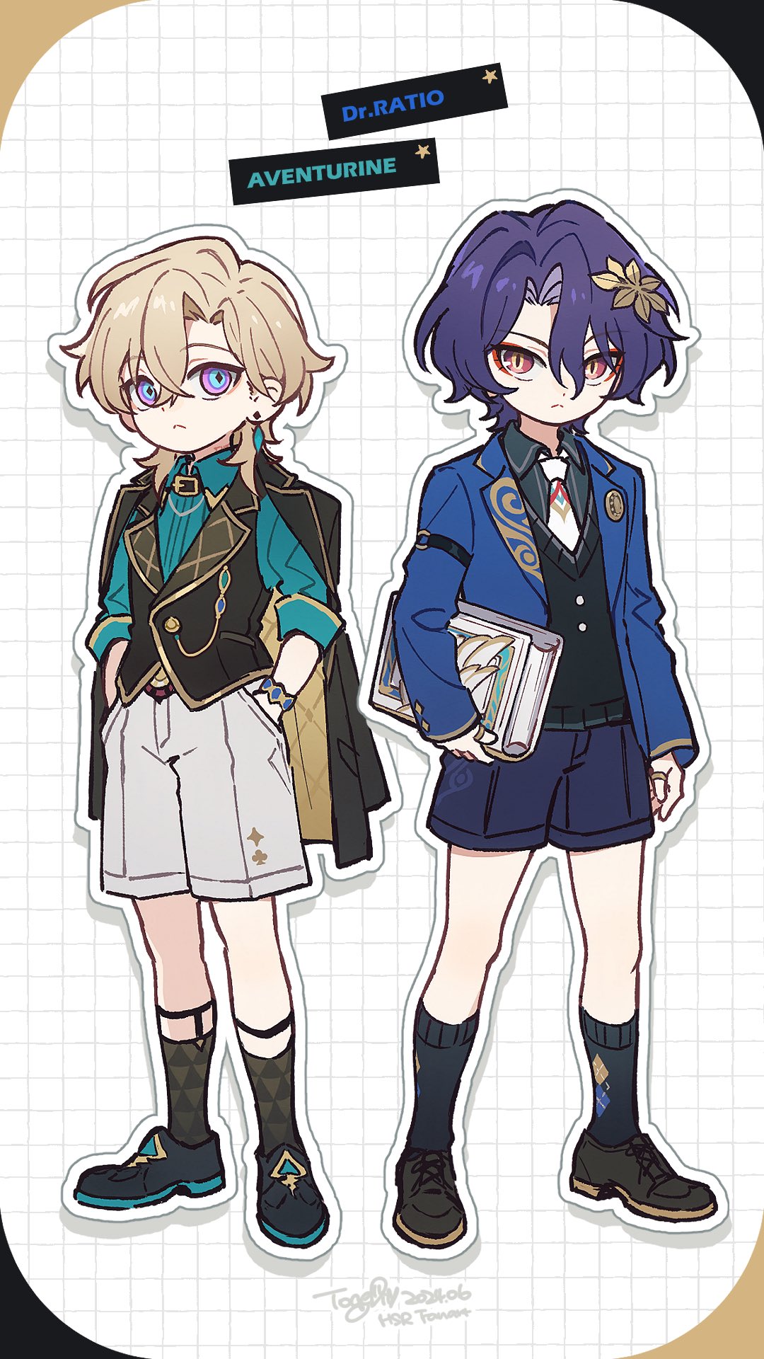 2boys, alternate_costume, aventurine_(honkai:_star_rail), blonde_hair, book, dr._ratio_(honkai:_star_rail), full_body, hand_in_pocket