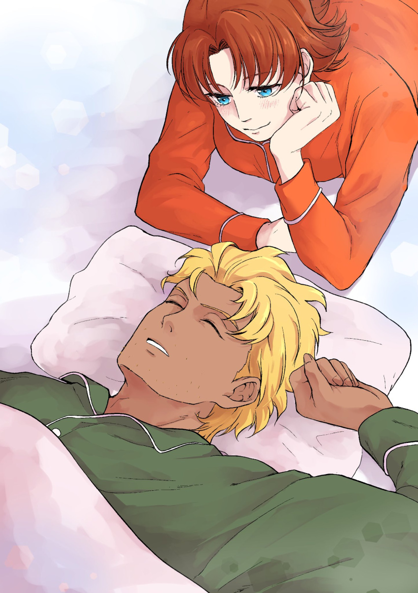 1boy, 1girl, blanket, blonde_hair, blue_eyes, brown_hair, couple, curico2810, dark-skinned_male, dark_skin, dearka_elsman, flirting, green_pajamas, gundam, gundam_seed, gundam_seed_destiny, gundam_seed_freedom, hands_on_own_face, highres, long_sleeves, lying, miriallia_haw, on_back, on_floor, pajamas, pale_skin, parted_bangs, parted_hair, pillow, red_pajamas, short_hair, sleeping, smile, swept_bangs, under_covers