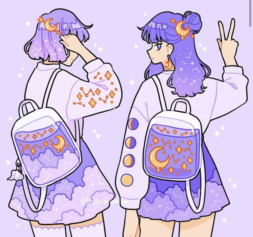 2girls, arrow_hair_ornament, backpack, bag, bag_charm, charm_(object), constellation, cowboy_shot