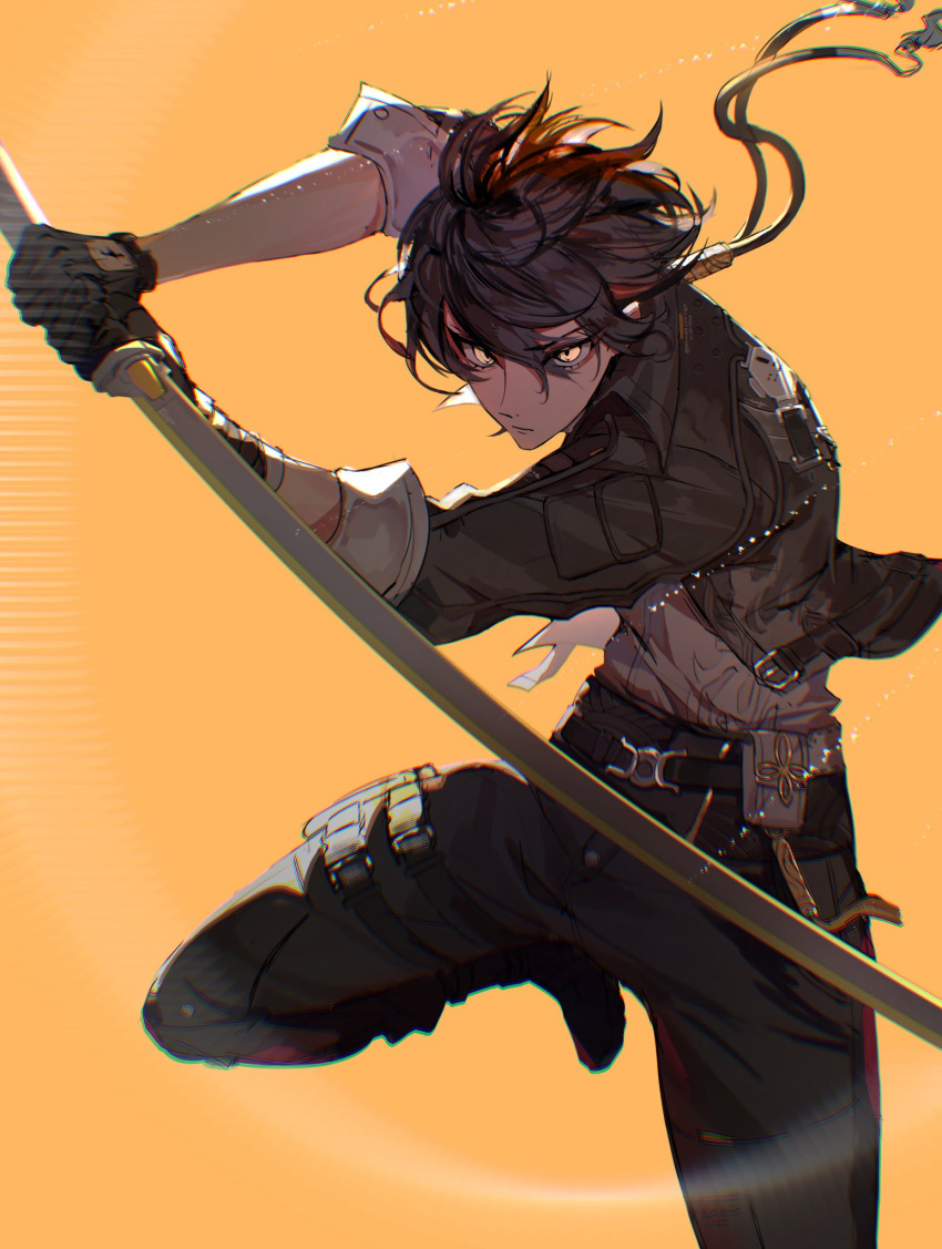 1boy, arms_up, belt, black_belt, black_footwear, black_gloves, black_hair, black_jacket, black_pants, boots, buttons, closed_mouth, collared_jacket, eyeshadow, gloves, hair_between_eyes, highres, holding, holding_sword, holding_weapon, jacket, katana, keiishima, leg_up, long_sleeves, looking_at_viewer, makeup, male_focus, male_rover_(wuthering_waves), open_clothes, open_jacket, orange_background, orange_eyes, pants, pocket, red_eyeshadow, rover_(wuthering_waves), shirt, short_hair, simple_background, solo, standing, standing_on_one_leg, sword, t-shirt, v-shaped_eyebrows, weapon, white_shirt, wuthering_waves