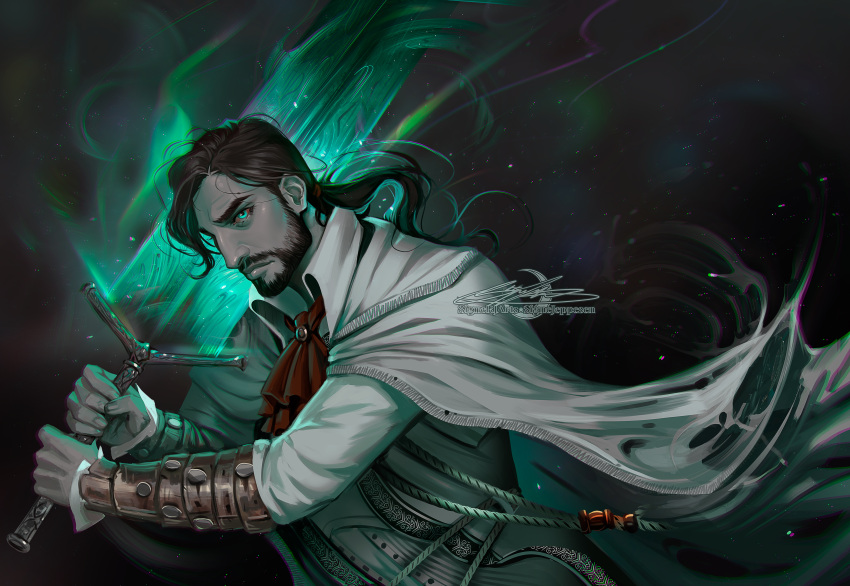 1boy, absurdres, artist_name, ascot, aura, bloodborne, burial_blade, glowing