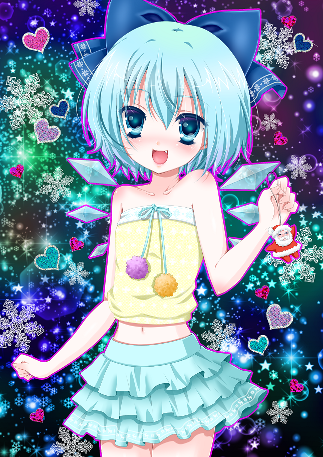 alternate_costume, bare_shoulders, blue_eyes, blue_hair, bow, casual, cirno, fang