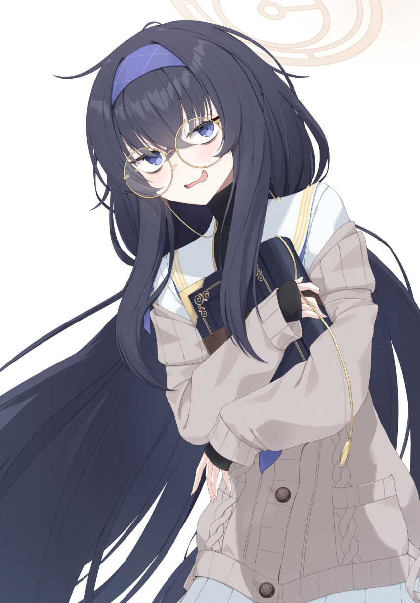 1girl, bags_under_eyes, black_hair, blue_archive, blush, book, brown_cardigan, buttons