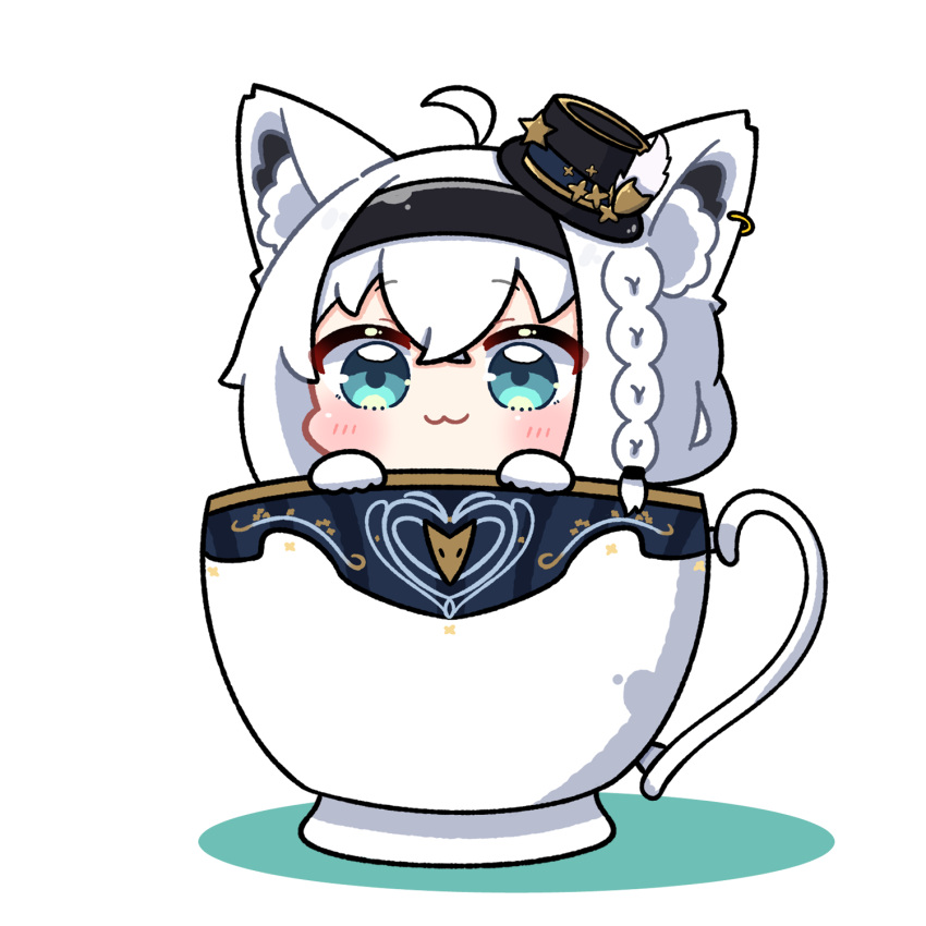 1girl, :3, ahoge, animal_ear_fluff, animal_ears, aqua_eyes, black_hat, blush