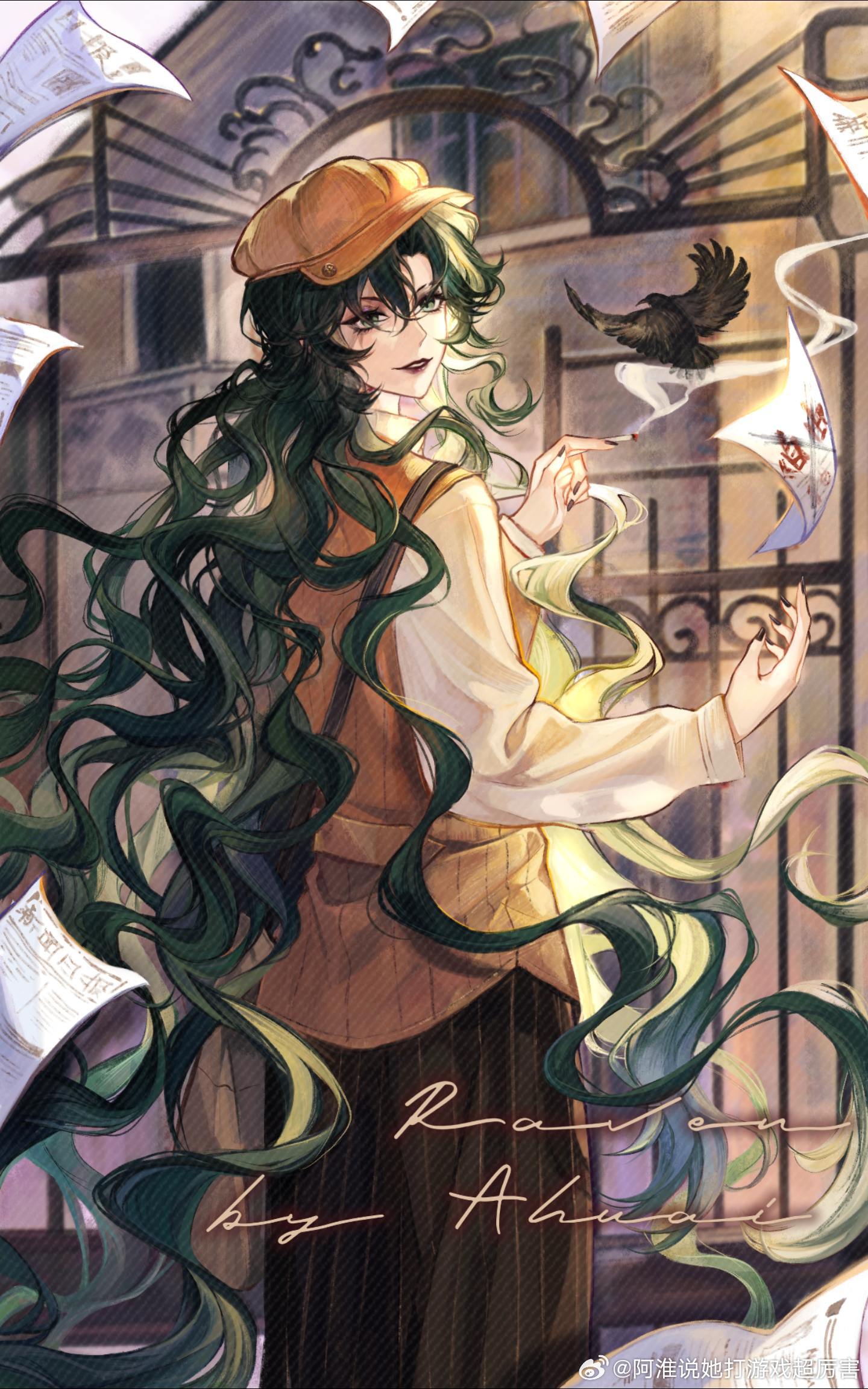1girl, bag, bird, building, cabbie_hat, cardigan, cigarette, crow