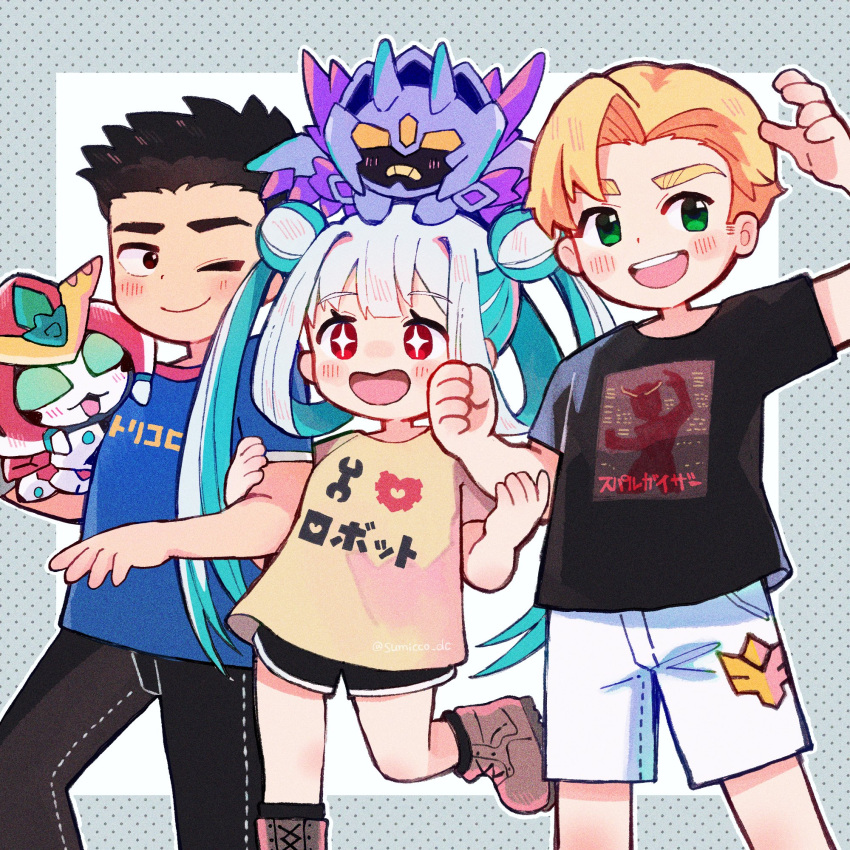 +_+, 1girl, 4boys, :d, ao_isami, black_hair, black_pants, black_shirt