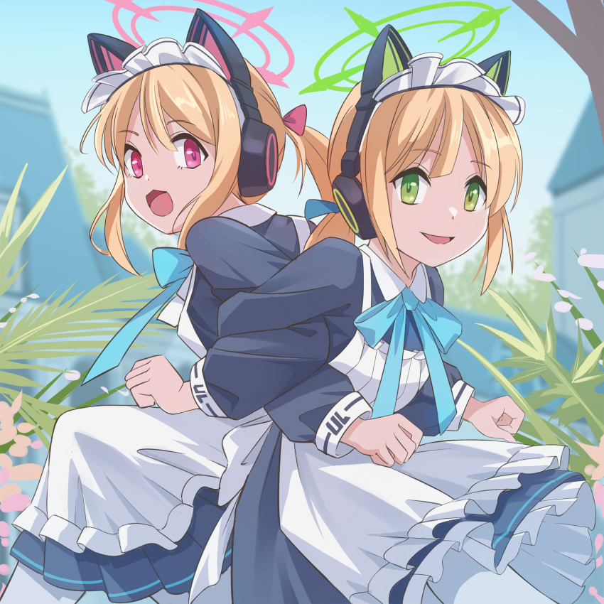 2girls, animal_ear_headphones, animal_ears, apron, black_dress, blonde_hair, blue_archive, dress