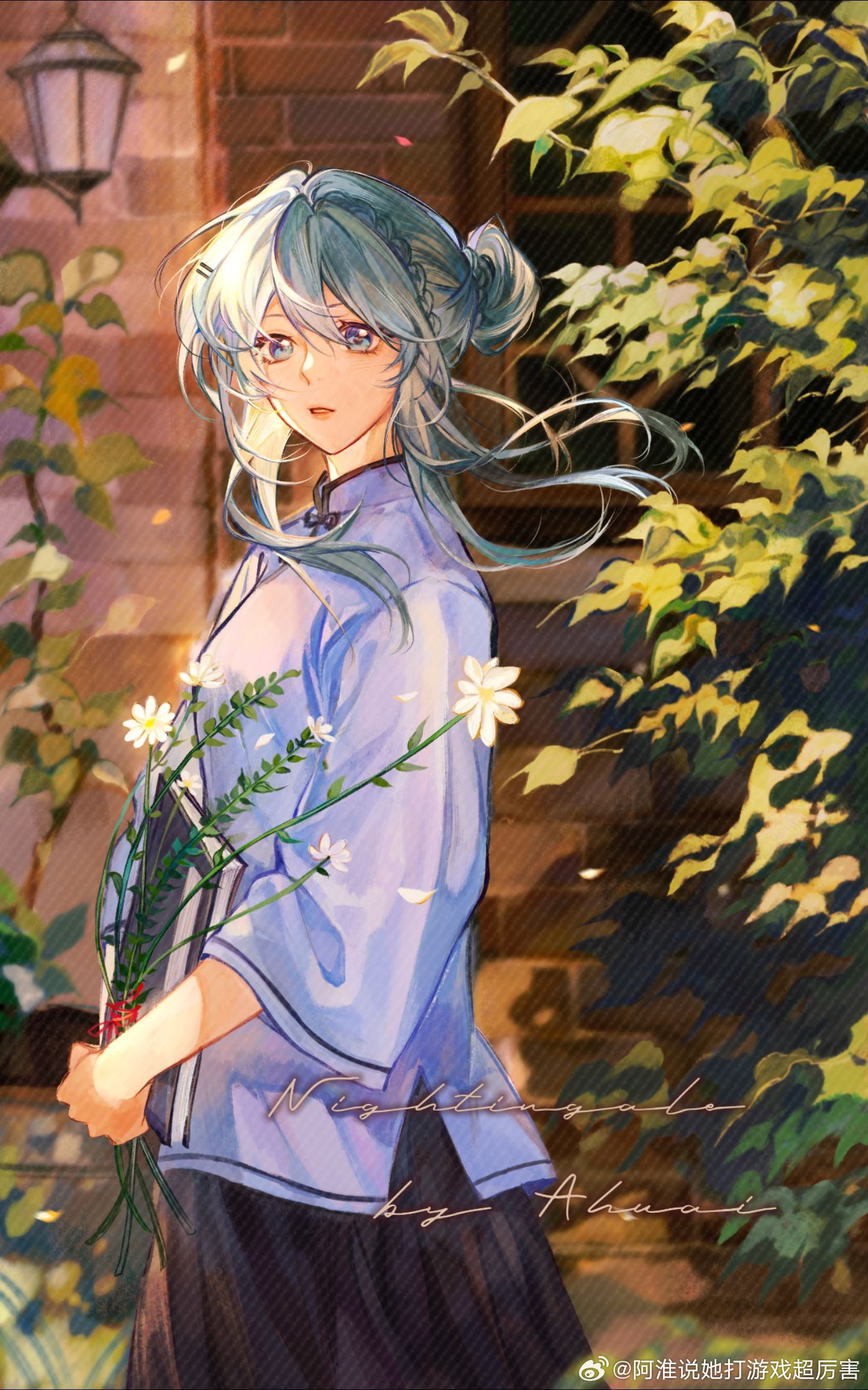 1girl, aqua_eyes, aqua_hair, book, braid, branch, chinese_clothes, floating_hair