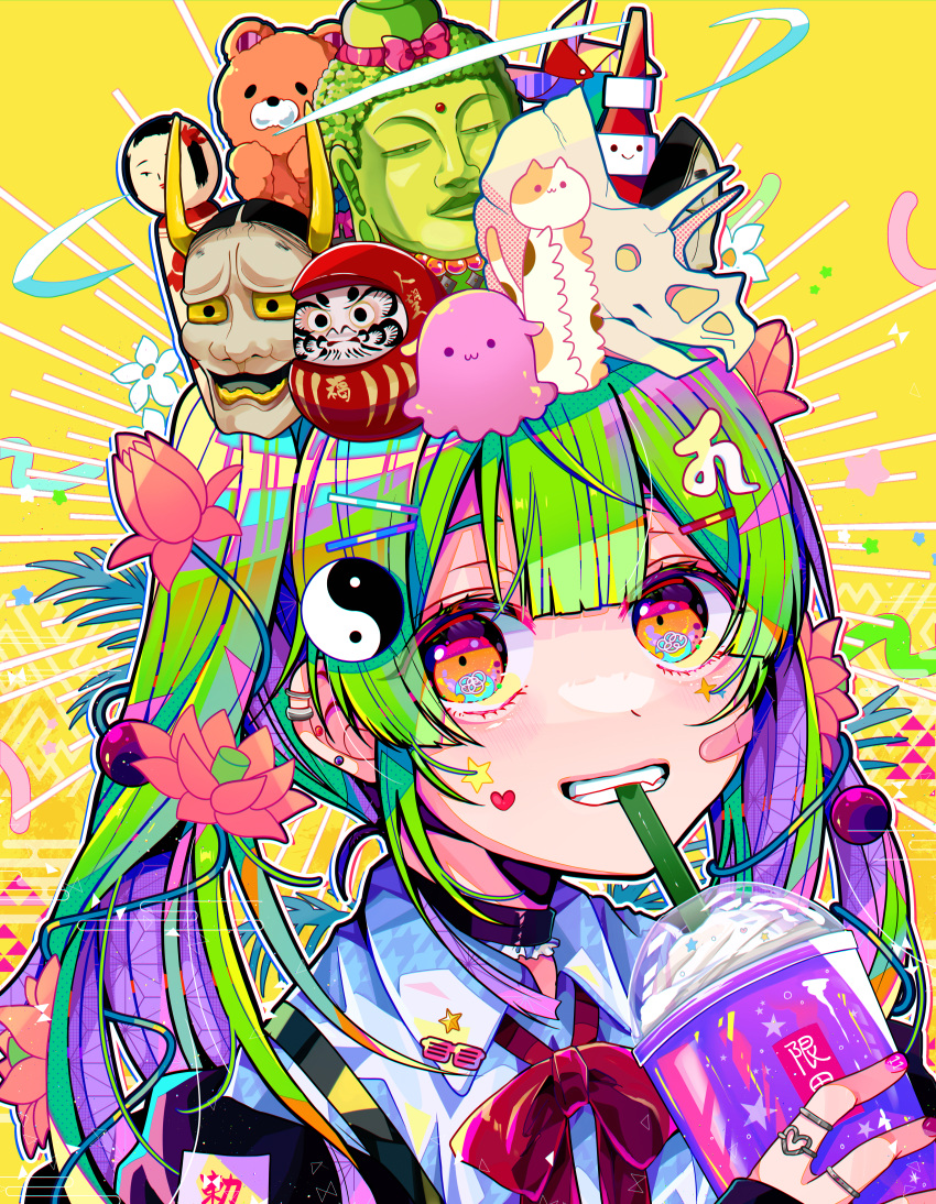 1girl, absurdres, bandaid, bandaid_on_face, black_choker, blue_hair, bow, bowtie