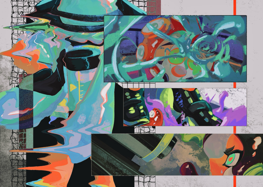 2girls, agent_3_(splatoon), aiming, behind-the-head_headphones, black_footwear, black_hair, black_shirt, blue_eyes