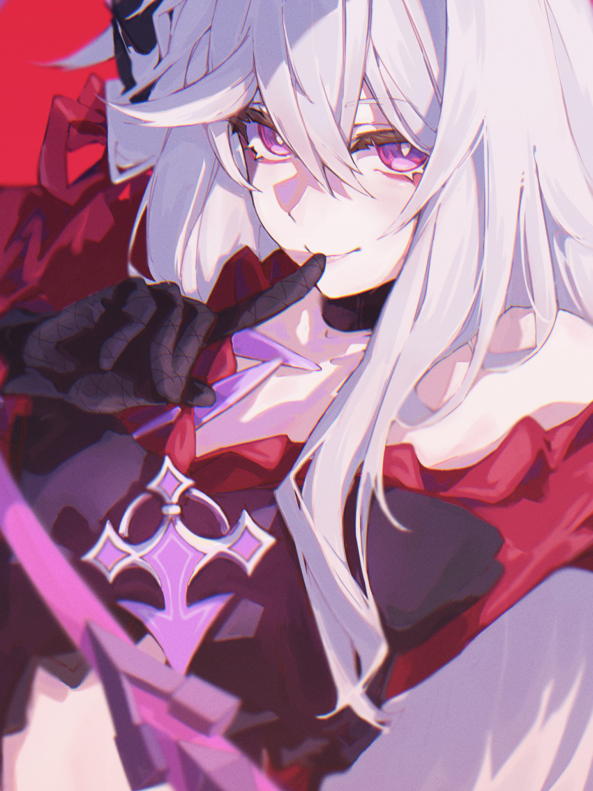 1girl, absurdres, bare_shoulders, black_collar, black_gloves, bow, collar, commentary