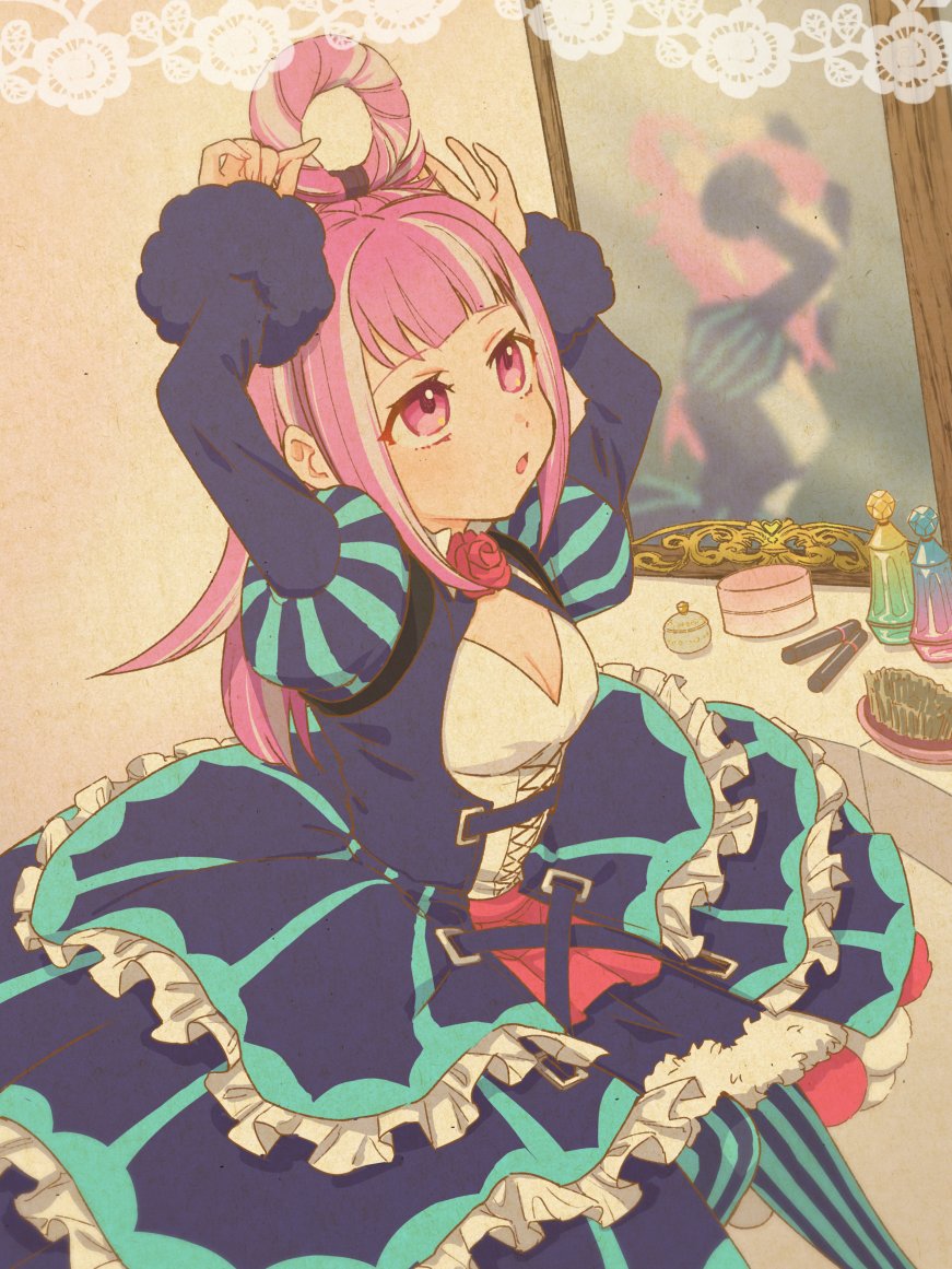 1girl, aqua_pantyhose, brushing_hair, cross-laced_clothes, cross-laced_dress, dress, facial_mark, fascinator, fire_emblem, fire_emblem_engage, folded_twintails, hair_brush, hair_flaps, hair_rings, heart, heart_facial_mark, hortensia_(fire_emblem), kszm_fe, makeup, mirror, multicolored_hair, pantyhose, pink_eyes, pink_hair, solo, striped_clothes, striped_dress, two-tone_hair, two-tone_pantyhose, vertical-striped_clothes, vertical-striped_dress