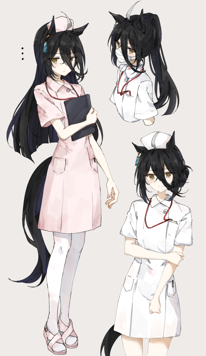 1girl, alternate_costume, animal_ears, black_hair, dress, earrings, grey_background, hat