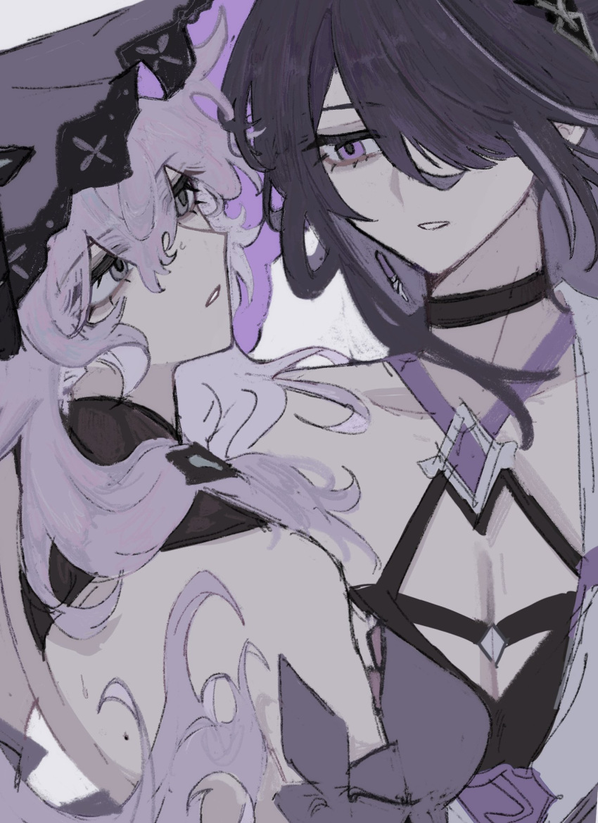 acheron_(honkai:_star_rail), bare_back, black_choker, black_swan_(honkai:_star_rail), choker, detached_sleeves, earrings, expressionless