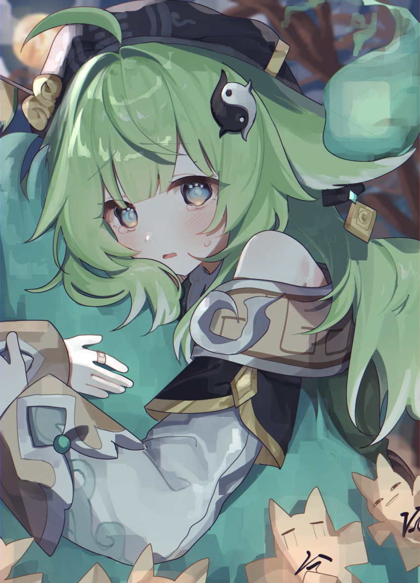 1girl, ahoge, bare_shoulders, blurry, blurry_background, blush, chestnut_mouth, commentary, fire, green_hair, highres, honkai:_star_rail, honkai_(series), hugging_tail, huohuo_(honkai:_star_rail), long_sleeves, looking_at_viewer, mochimoti0528, paw_print-shaped_pupils, shirt, solo, tail, talisman, upper_body, white_shirt, yin_yang_hair_ornament