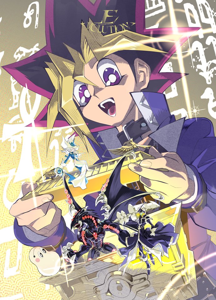 1girl, 2boys, artist_logo, artist_name, black_hair, black_skin, blonde_hair, blue_coat, blue_jacket, coat, colored_skin, dragon, dress, duel_monster, e_volution, gandora_the_dragon_of_destruction, holding, holding_staff, holding_sword, holding_weapon, jacket, marshmallon, mini_person, multiple_boys, muto_yugi, open_mouth, purple_hair, silent_magician, silent_swordsman, smile, solo_focus, staff, sword, teeth, tongue, violet_eyes, weapon, white_dress, yu-gi-oh!, yu-gi-oh!_duel_monsters