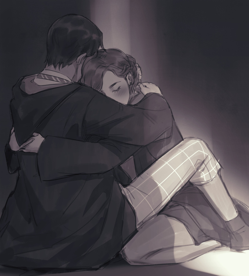 1boy, 1girl, absurdres, closed_eyes, couple, head_on_head, head_rest, hetero