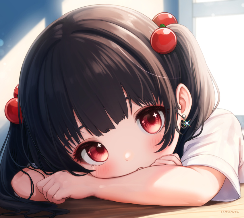 1girl, blush, brown_hair, comodomodo, earrings, expressionless, hair_bobbles, hair_ornament