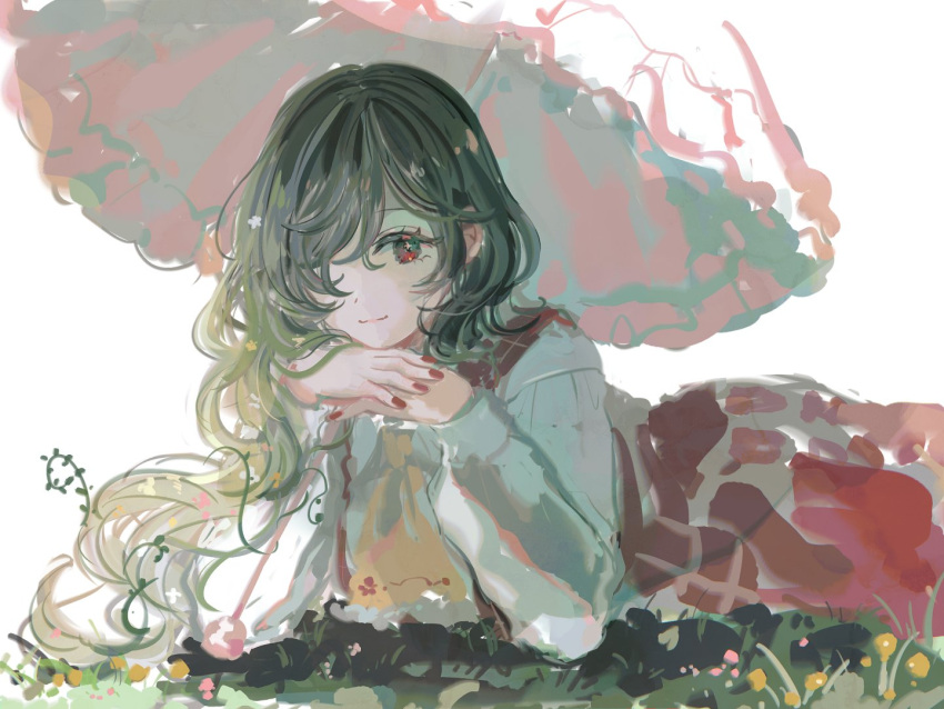 1girl, ascot, closed_mouth, commentary, green_hair, hair_over_one_eye, kazami_yuuka, long_sleeves