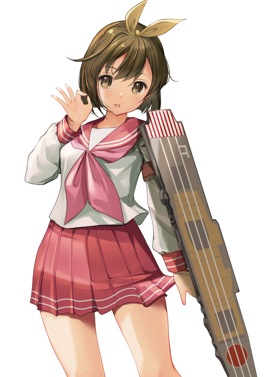1girl, absurdres, brown_eyes, brown_hair, commentary_request, cosplay, cowboy_shot, flight_deck