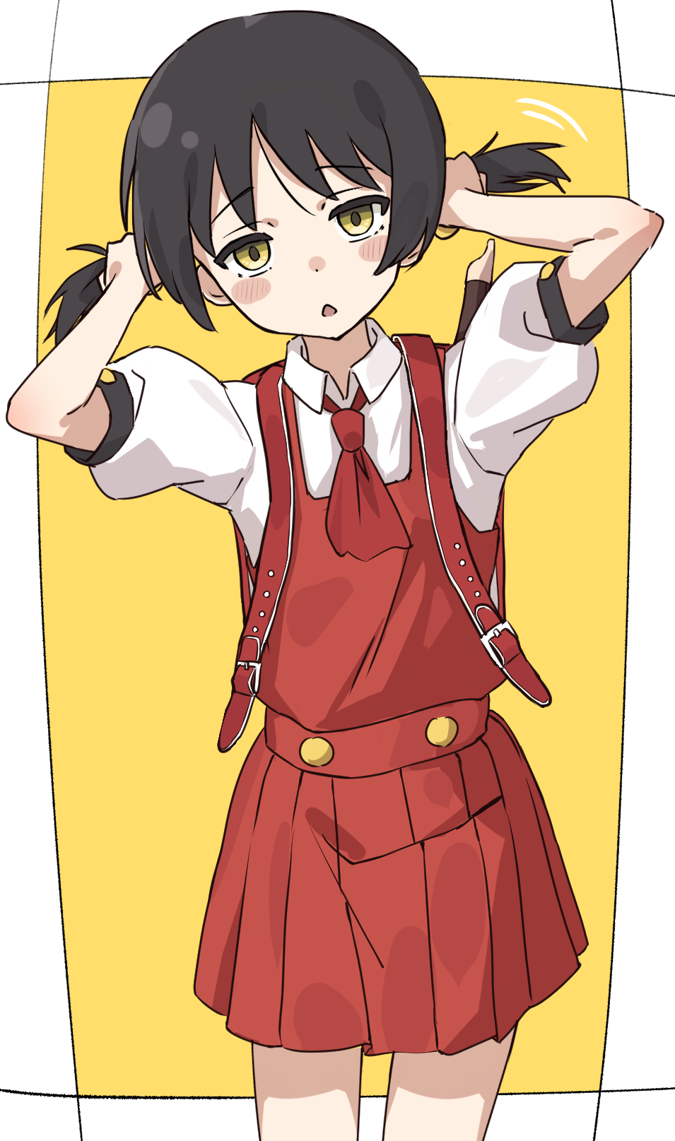 1girl, ascot, backpack, bag, black_hair, blush_stickers, border, buttons, collared_shirt, dress, grabbing_own_hair, highres, jitome, kaai_yuki, kamikami, kyoufuu_all_back_(vocaloid), looking_at_viewer, open_mouth, pinafore_dress, puffy_short_sleeves, puffy_sleeves, randoseru, red_ascot, red_bag, red_dress, shirt, short_hair, short_sleeves, short_twintails, sleeveless, sleeveless_dress, solo, triangle_mouth, twintails, vocaloid, white_border, white_shirt, yellow_background, yellow_eyes