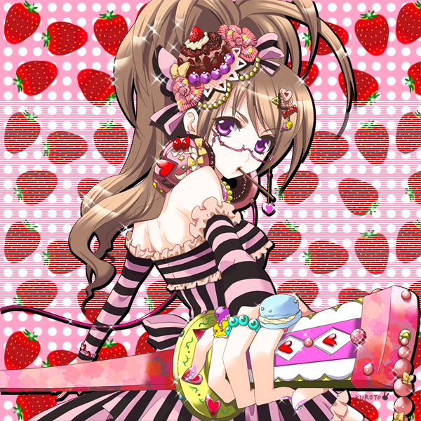 bare_shoulders, beads, blueberry, bow, brown_hair, cake, food, food_as_clothes