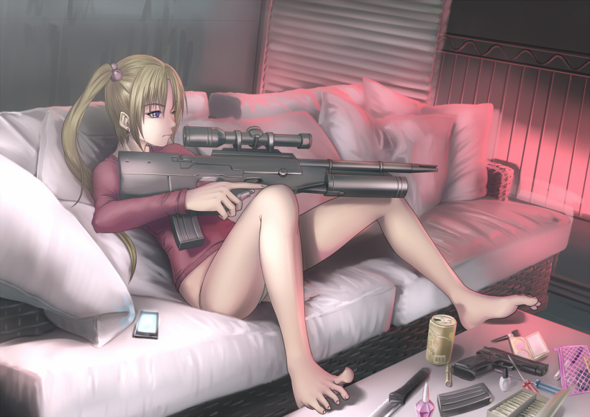 barefoot, blonde_hair, blue_eyes, bullpup, can, couch, feet, gun