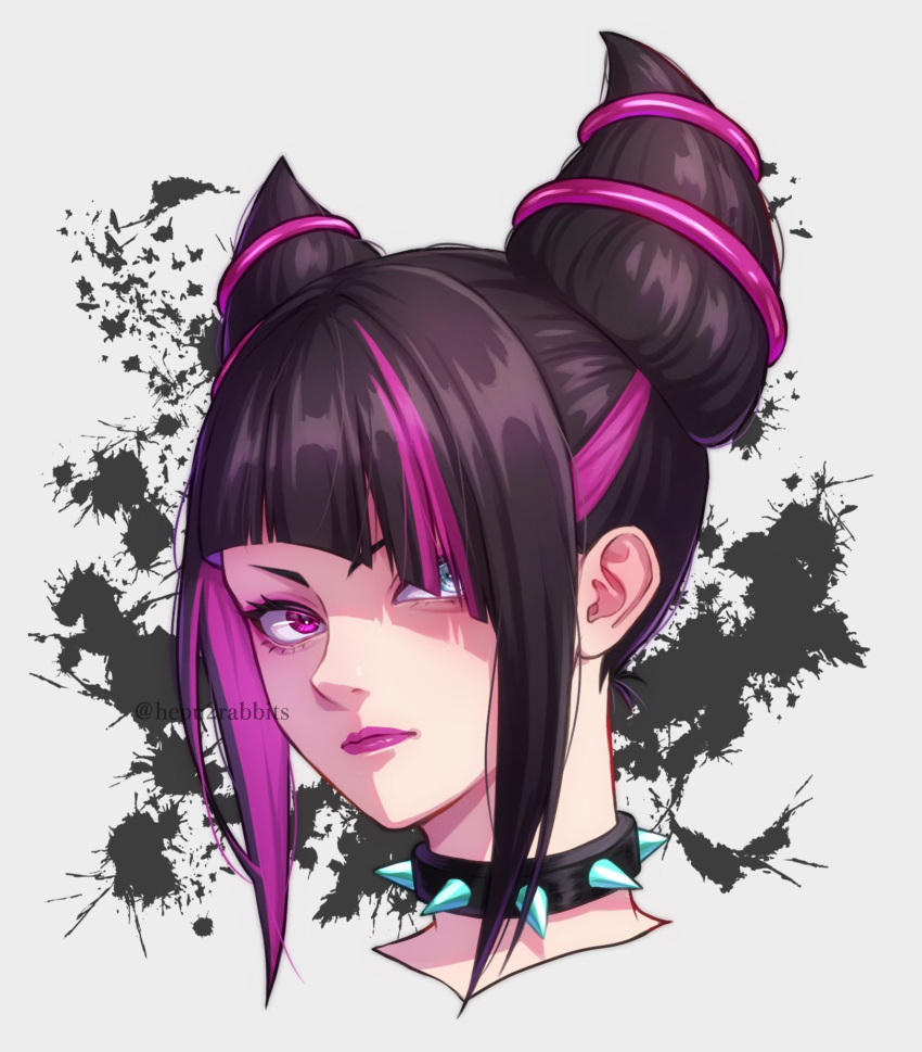 1girl, black_collar, black_hair, blue_eyes, close-up, collar, diagonal_bangs, grey_background