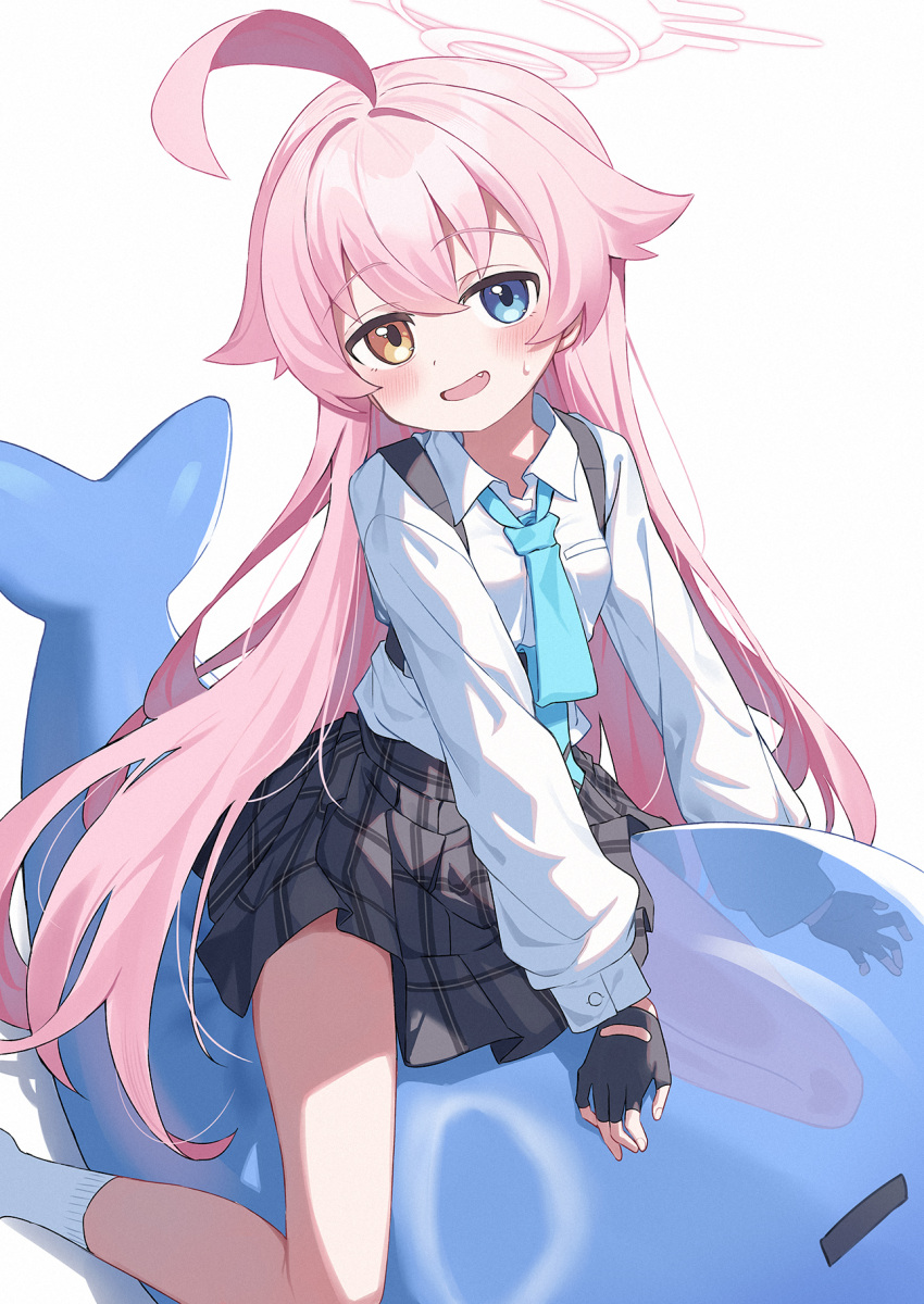 1girl, ahoge, black_gloves, black_skirt, blue_archive, blue_eyes, blue_necktie, blush